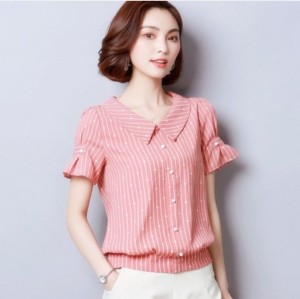 Women Summer Style Chiffon Blouses Shirts Lady Casual Short Flare Sleeve Striped Printed Peter Pan Collar Blusas Tops DF2878